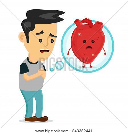 Sad Sick Young Man With Heart Disease Problem Character. Vector Flat Cartoon Illustration Icon Desig