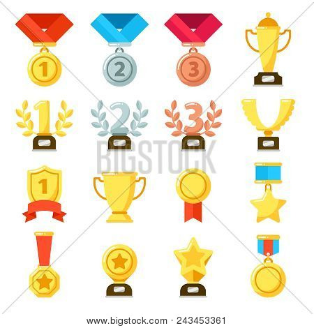 Achievement Award, Achiever Trophy, Achievements Ribbon Medal Star Icon. Gold, Silver, Bronze Medals