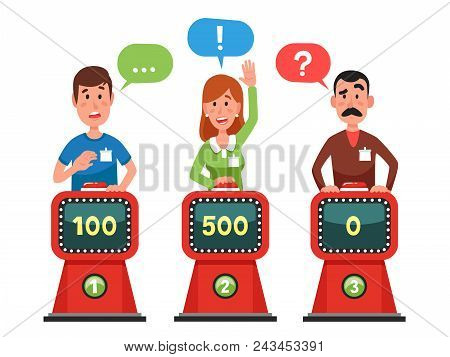 Characters Answer Test Question On Intellect Show. Gaming Cartoon Man And Woman Pressing Button And 