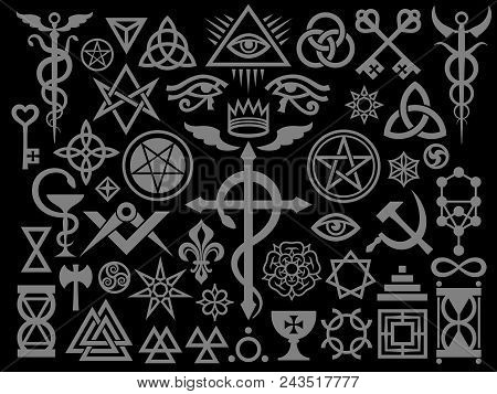 Medieval Occult Signs And Magic Stamps, Sigils, Locks, Knots. Mystic Symbols Of The Illuminati, Maso