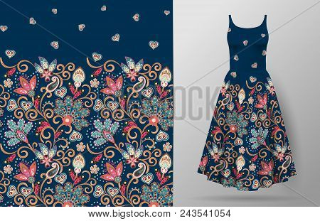 Seamless Vertical Fantasy Flowers Pattern. Hand Draw Floral Background On Dress Mockup. Vector. Trad