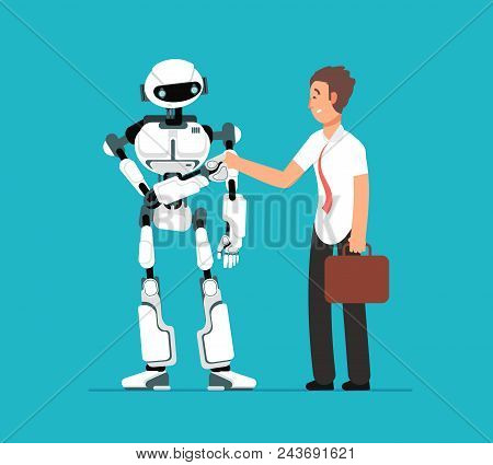 Businessman Shaking Robots Hand. Artificial Intelligence, Human Vs Robot Vector Futuristic Backgroun