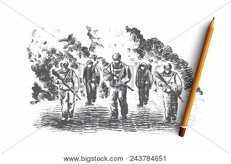 War Concept. Hand Drawn Soldiers Fighting At War. Battle Scene Isolated Vector Illustration.