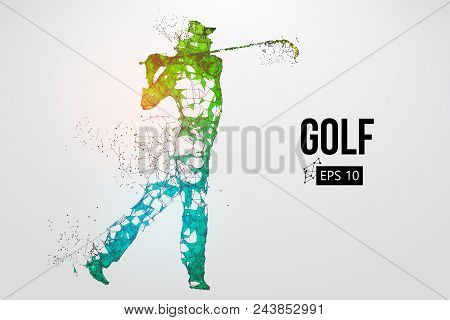 Silhouette Of A Golf Player. Dots, Lines, Triangles, Text, Color Effects And Background On A Separat