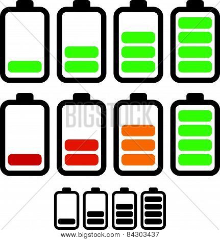 Illustration Of Battery Level Indicators. Battery Life, Accumulator, Battery Running Low, Battery Re