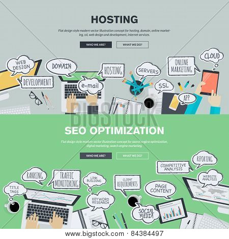 Set of flat design banners for hosting and SEO