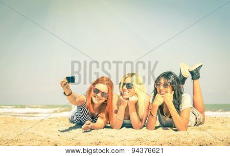 Happy Girlfriends Taking A Selfie At Beach - Concept Of Friendship And Fun In The Summer