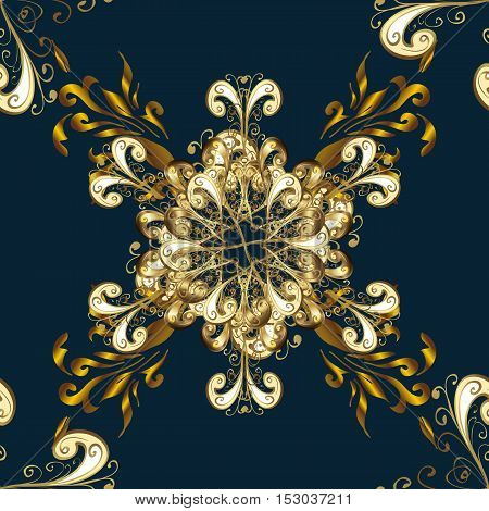 Elegant seamless pattern with floral and Mandala elements. Nice hand-drawn illustration. Dark blue background. Golden elements.