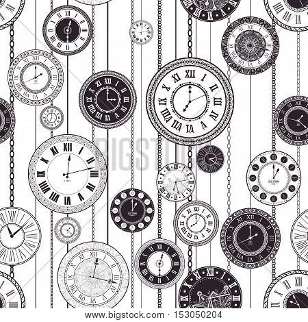 Vector vintage clock dials seamless pattern. Classic antique watch isolated. Ancient retro timer design. Traditional silhouette. Old graphic timer object design. Elegant collection