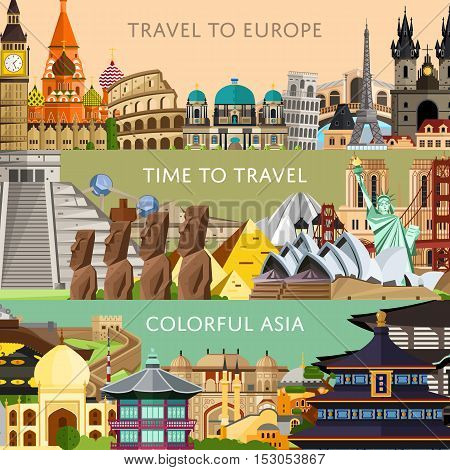 World travel and tourism concept flat vector. Famous world buildings. World travel landmark and famous travel place. Vacation travel architecture in cartoon style. World travel background. Travel banners. Travel background for traveling agency. Travel.