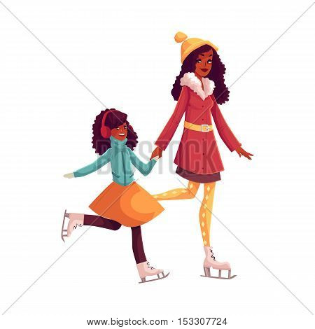 Happy black mother and daughter ice skating together, cartoon vector illustrations isolated on white background. African American mother and daughter ice skating, talking, having fun, winter activity