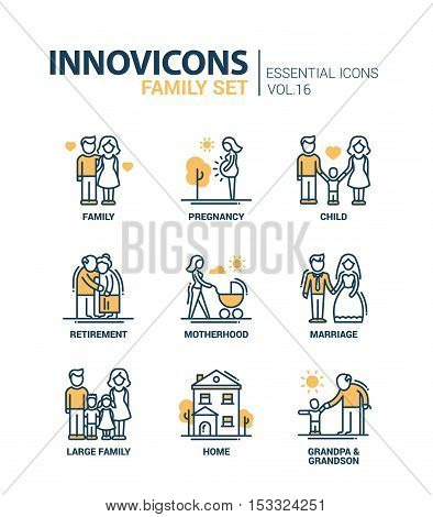 Family - modern vector thin line flat design icons and pictograms set. Pregnancy, child, retirement, motherhood, marriage, home, grandpa and grandchild