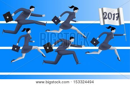 Running to year 2017 business concept. Confident business people run with flag with number 2017. Concept of team new horizon new opportunities and challenges. Vector illustration.