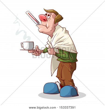 Colorful vector illustration of a cartoon sick man with red nose having a cold or a flu with a blanket holding a glass of hot tea or medicine in his hand and a thermometer in his mouth.