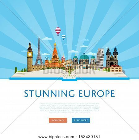 Welcome to Europe travel background. Europe travel landmark and famous travel place. World traveling concept flat vector illustration. Famous Europe buildings. Europen architecture in cartoon style. Europe. World travel background. Travel banners. Travel.