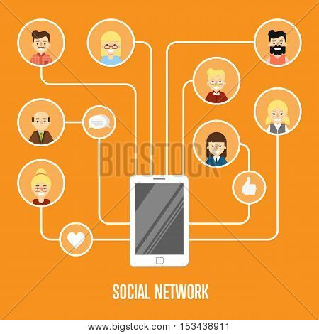 Social media network infographics with people and their social network. Community of social network people vector. Social media people. Social networking concept. Social media and social network people connecting. Social network map. Social network.