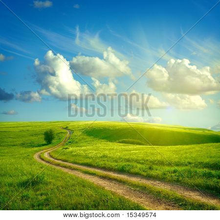 Paesaggio estivo con erba verde, strada e nuvole