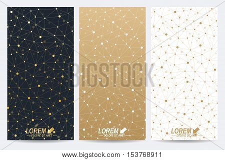 Modern golden set of vector flyers. Modern stylish polygonal pattern with connected line and dots. Molecule and communication background for medicine, science, technology, chemistry