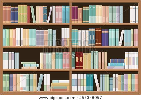 Bookshelves Full Of Books. Education Library And Bookstore Concept. Seamless Pattern. Vector Illustr