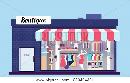 Fashion Store Exterior. Beauty Shop Boutique Exterior With Storefront And Clothes. Vector Illustrati