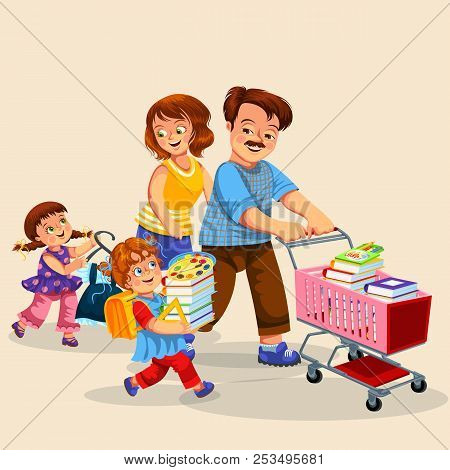 Happy Family Making Purchases Together Poster Cheerful Children Doing Shopping With Parents Vector I