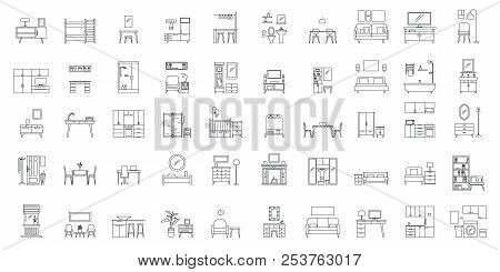 Interior Room. Objects In House. Home Inside Furniture Icons Set. Outline Illustration Of 50 Interio