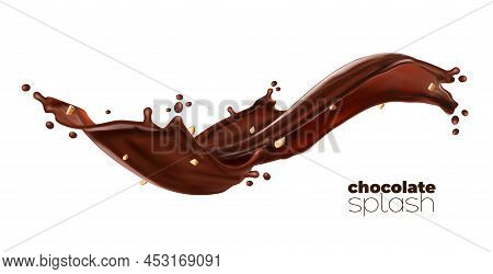 Chocolate, Cocoa And Coffee Milk Isolated Flow Splash With Crushed Peanuts, Vector Swirl Wave. Choco