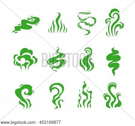 Green Bad Smell, Cartoon Smoke Effects. Vector Clouds Of Stink Odor, Breath And Fart Stench, Toxic G