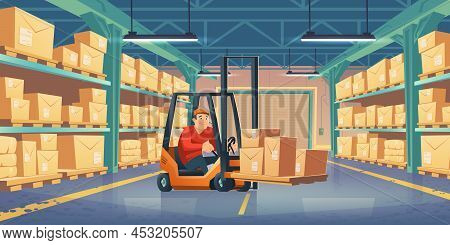 Warehouse With Worker, Forklift And Cardboard Boxes On Metal Racks. Vector Cartoon Interior Of Stora