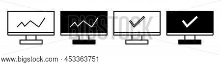 Computer Line Icon With Check Mark And Graph. Computer Vector With Check Mark Symbol And Line Graph