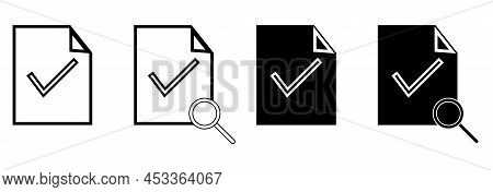 Sheet Of Paper Icon With Check Mark And Magnifying Glass Sign. Vector Sheet Of Paper With The Edge F