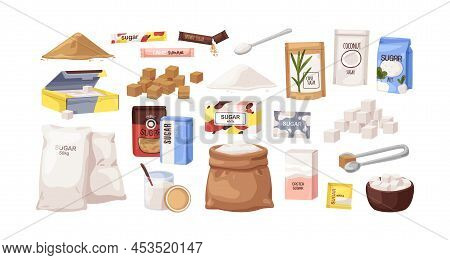 Sugar Packs Set. Granulated, Powder, Cubes, Sanding Sweet Sucrose In Different Packages, Bag, Stick,