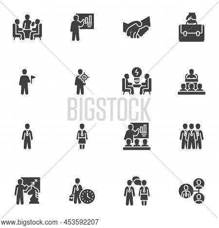 Business Training Vector Icons Set, Modern Solid Symbol Collection, Filled Style Pictogram Pack. Sig