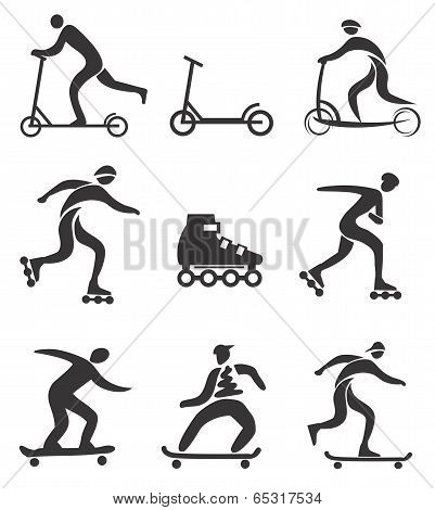 Scooter in line skateboard black icons