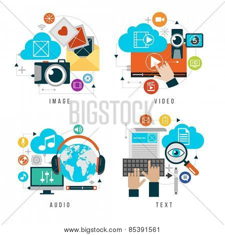 Content forms combined in multimedia. Set design video, audio, images, text. Flat icons set of website user interface design. Elements for mobile and web applications.