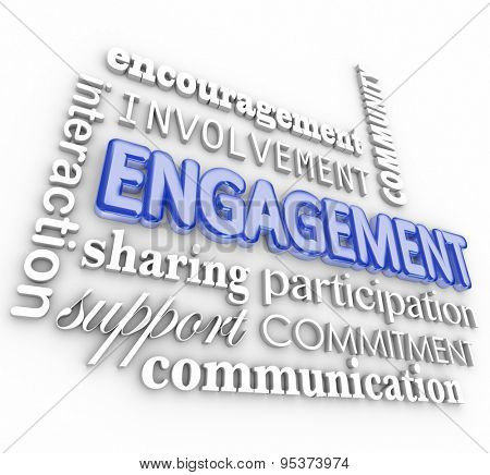 Engagment word in 3d letters with related terms such as interaction, participation, involvement, encouragement, community, support, communication and sharing