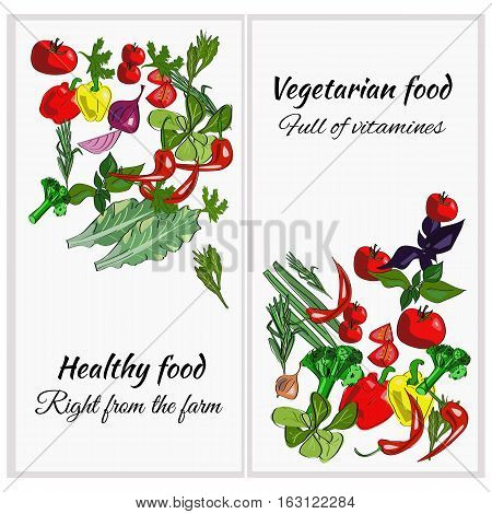 Healthy food vector drawn vegetables on a white background. Vertical banners.