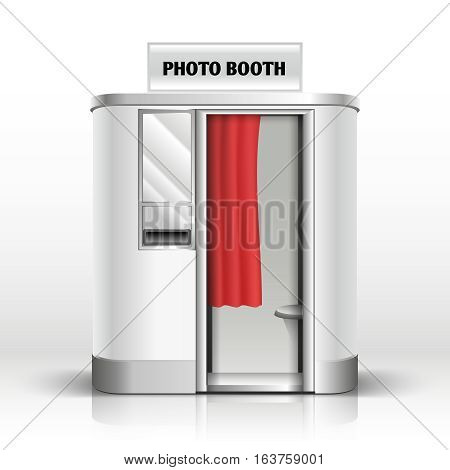 Photo booth cabin, digital kiosk for passport photo, family wedding photo vector illustration. Photobooth kiosk automatic photography