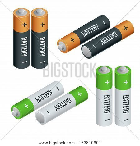 Battery electricity charge technology and alkaline battery. Flat battery-accumulator charger symbol generation voltage. Group of different size color electricity charge technology.