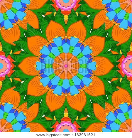 Seamless Floral Mandala Pattern In Pink Blue Turquoise Green And Pale Orange On Floral Background.