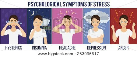 Emotional Health Problems And Symptoms Of Stress - Hysterics, Insomnia, Headache, Depression, Anger.