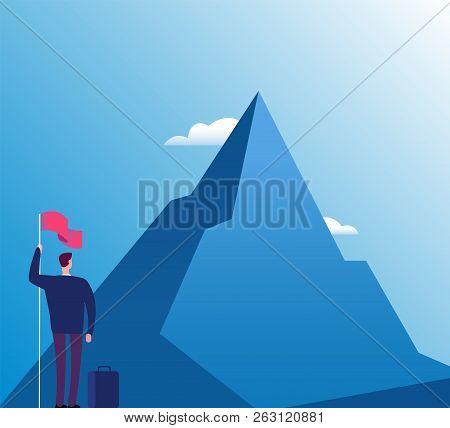 Businessman With Flag At Mountain. New Purpose, Success Vision And Goals Achievement, Business Vecto