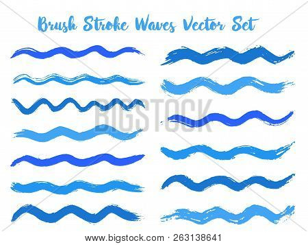 Mottled Brush Stroke Waves Vector Set. Hand Drawn Cyan Blue Brushstrokes, Ink Splashes, Watercolor S