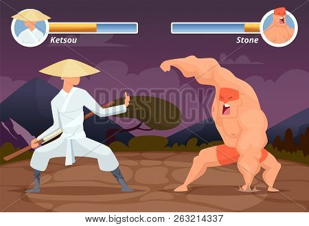 Game Fighting. Screen Location Of Computer 2d Gaming Asian Fighter Vs Wrestler Luchador Vector Backg