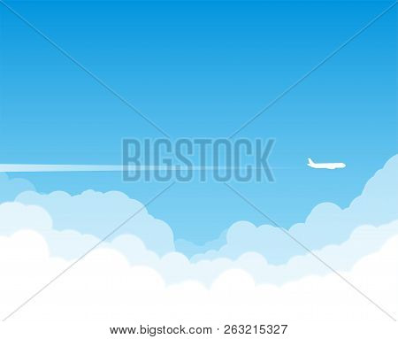 Airplane Flying Above Clouds. Jet Plane With Exhaust White Trail. Blue Gradient And White Plane Silh