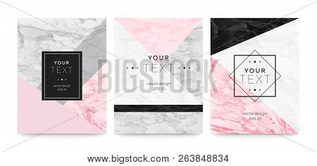 Set Abstract Geometric Designs Posters Cream, Light Grey, Pastel Pink And Marble Texture Background.