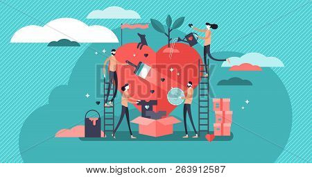 Volunteering Vector Illustration. Stylized And Abstract Team Help Charity And Sharing Hope. Care, Lo