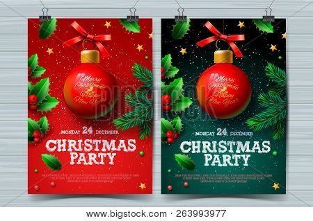 Christmas Party Design Templates, Posters With Ball And Christmas Decoration, Vector Illustration.