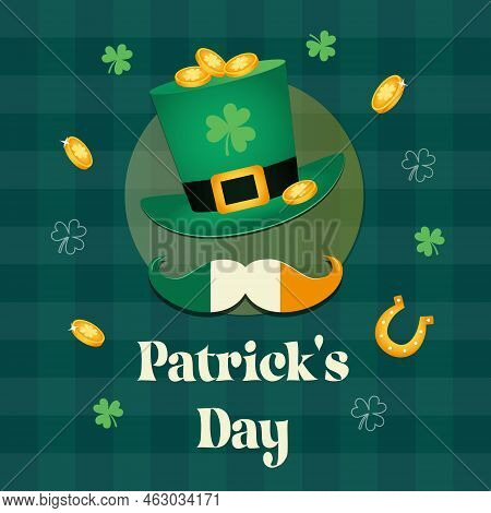 Happy Saint Patricks Day Design Elements. Shamrock Cloverleaf, Green Leprechaun Hat, Mustache In Col