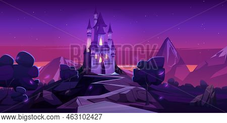 Fairy Tale Castle In Mountains At Night. Vector Cartoon Landscape Of Fairytale Kingdom With Rocks, T